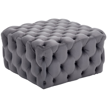 Grey velvet square ottoman footstool with button-tufted side panels