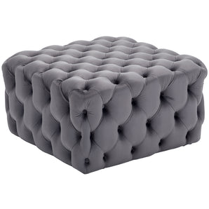 Grey velvet square ottoman footstool with button-tufted side panels