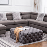 Grey velvet square button-tufted footstool with quilted padded top