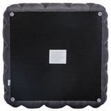 Back view: grey velvet square footstool with corner buttons and care label