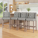 Set of 2 grey high bar stools, tufted back and seat with wooden legs