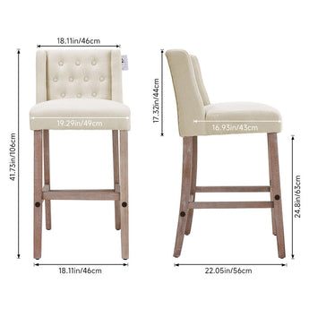 Set of 2 linen bar stools, light cream, button-tufted backs and wooden legs