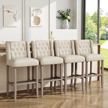 Set of 2 white bar stools, tufted high back chairs with wood legs