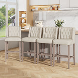 Set of 2 light bar stools, button-tufted upholstery and tall wooden base