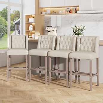 Set of 2 light bar stools, button-tufted upholstery and tall wooden base