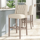 Set of 2 bar stools, light linen-look upholstery with tufted back and wood legs