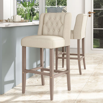 Set of 2 bar stools, light linen-look upholstery with tufted back and wood legs