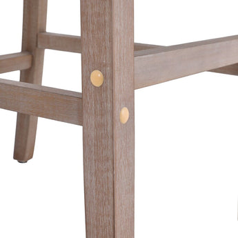 Grey bar stool close-up of wooden legs and crossbar with round fasteners