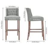 Set of 2 linen bar stools, gray, button-tufted backs with wooden legs