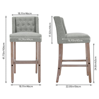 Set of 2 linen bar stools, gray, button-tufted backs with wooden legs