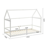 House-shaped kids bed frame: 197cm wide, 124cm high, 91cm deep