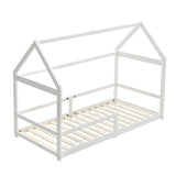 White pine kids bed frame with house roof panels and slatted base