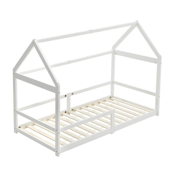 White pine kids bed frame with house roof panels and slatted base