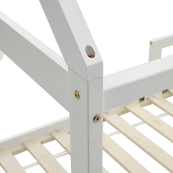 Pine bed frame corner joint with metal screws and slatted support rails