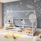 White house-frame kids bed with mattress, side rails, and slatted base