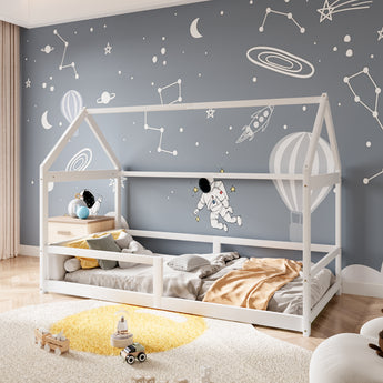 White house-frame kids bed with mattress, side rails, and slatted base