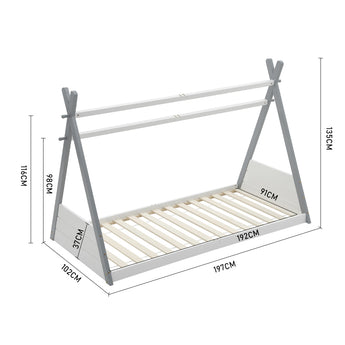 197CM wide pine children bed with slatted fence and A-frame support, dimensions shown