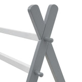 Close-up of grey angled supports with round dowel fasteners on the bed frame