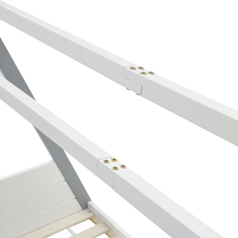 Pine children bed guardrail with white side rail and metal bolt fittings