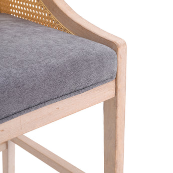 Wood rattan bar stool backrest and seat edge, grey upholstered cushion
