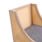 Wood rattan bar stool with backrest, grey seat cushion, cane lattice panels