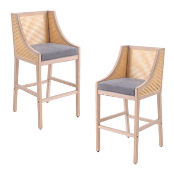 Light wood bar stool set of 2 with woven backrest and grey seat cushions