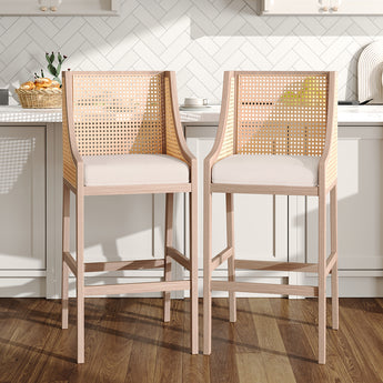 Set of 2 wooden rattan bar stools with backrests, light frame, beige padded seats