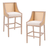 Light wood bar stool set of 2 with woven backrest and white upholstered seats