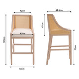 Wooden rattan bar stool size diagram: 109cm height, 77cm seat height, rattan back