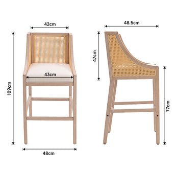 Wooden rattan bar stool size diagram: 109cm height, 77cm seat height, rattan back