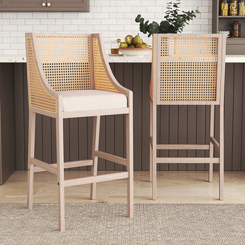 Set of 2 wooden rattan bar stools with backrests, light wood, beige seat cushions
