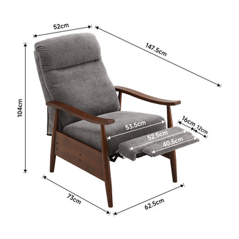 Manual recliner armchair dimensions diagram with dark gray linen and wooden frame