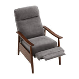 Linen upholstered wooden manual recliner armchair, dark gray fabric, with padded footrest down