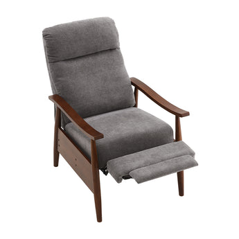 Linen upholstered wooden manual recliner armchair, dark gray fabric, with padded footrest down