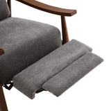 Extended footrest on dark gray linen manual recliner armchair, with padded covers