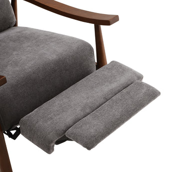 Extended footrest on dark gray linen manual recliner armchair, with padded covers