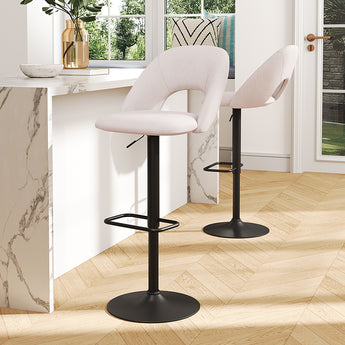 2er Set Barhocker mit drehbarer Sitzfläche, hellbeige Stoff, schwarzes Fußgestell
