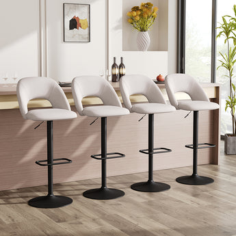 Set von 2 Barhockern mit Rückenlehne, hellbeigem Stoffbezug, schwarzem Drehfuß