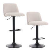 Pair of swivel bar stools with light white fabric seats, black base and footrest