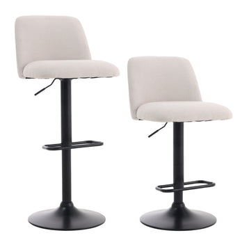 Pair of swivel bar stools with light white fabric seats, black base and footrest