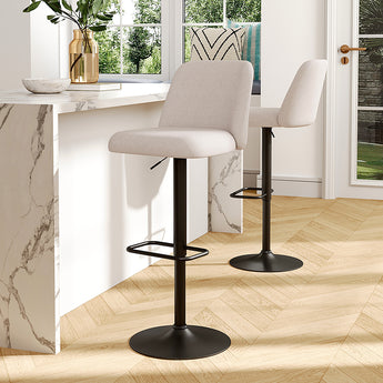 Set of 2 swivel bar stools: grey seats, black bases and footrest rings
