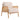 Side view of cream upholstered armchair with rattan seatback and wood frame