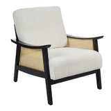 Upholstered accent armchair with light teddy fleece cushions, dark armrests, woven front panel