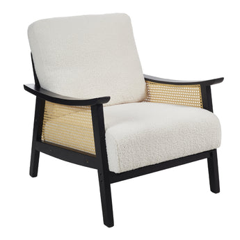 Upholstered accent armchair with light teddy fleece cushions, dark armrests, woven front panel