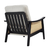 Back view of accent armchair: teddy fleece upholstery, dark slatted back, woven side panel