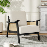 Accent armchair with light teddy fleece seat and back, dark frame and woven side panels