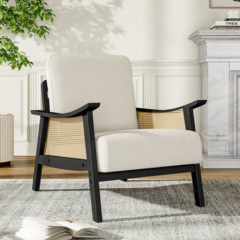 Accent armchair with light teddy fleece seat and back, dark frame and woven side panels