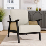 Modern accent armchair with light teddy fleece upholstery and dark wooden arms