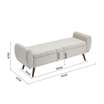 Light grey upholstered storage bench with padded lid and wooden legs