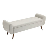 Light beige linen upholstered storage bench with padded armrests and wooden legs